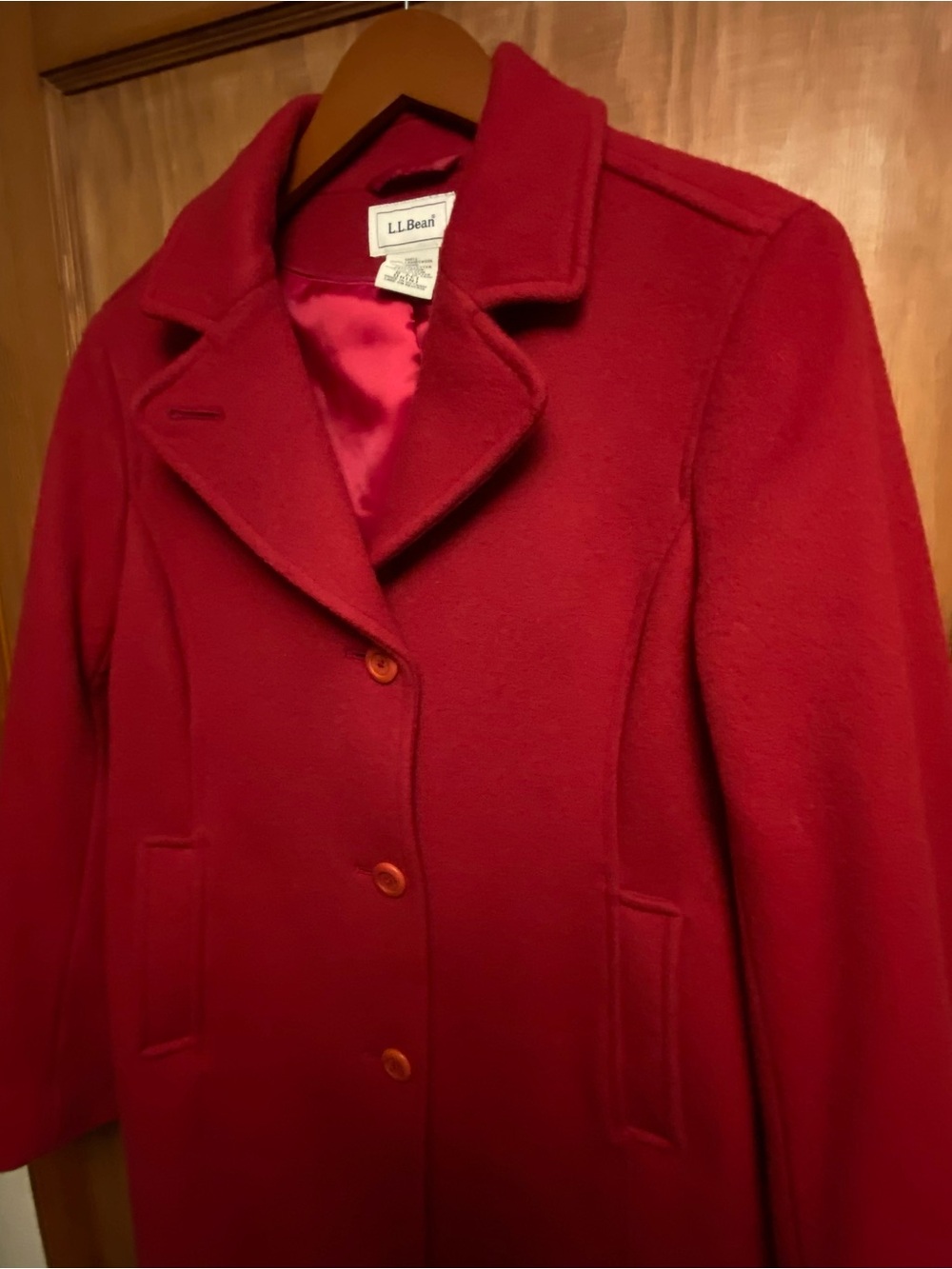 L.L. Bean Women’s Red Lambswool Pea Coat with collar button - extras on int hem